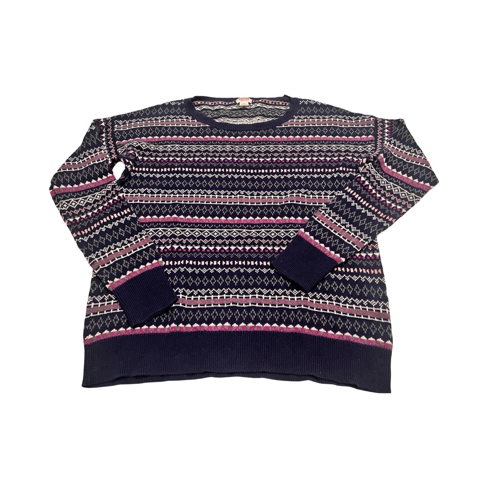 Mossimo Womens Navy Blue Pink‎ Fair Isle Cotton Knit Sweater Large Cottage